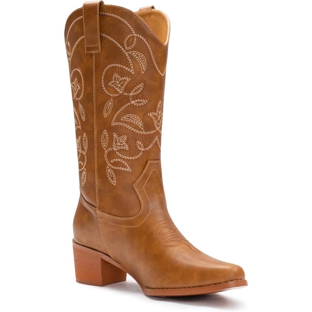 Women's Chestnut Pointy Toe Faux Leather Western Cowgirl Mid Calf Boots - Picture 5 of 6